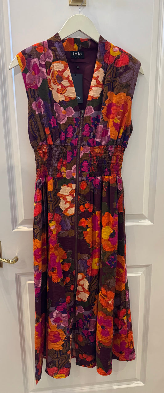 Front Zip Closure Print Midi Dress