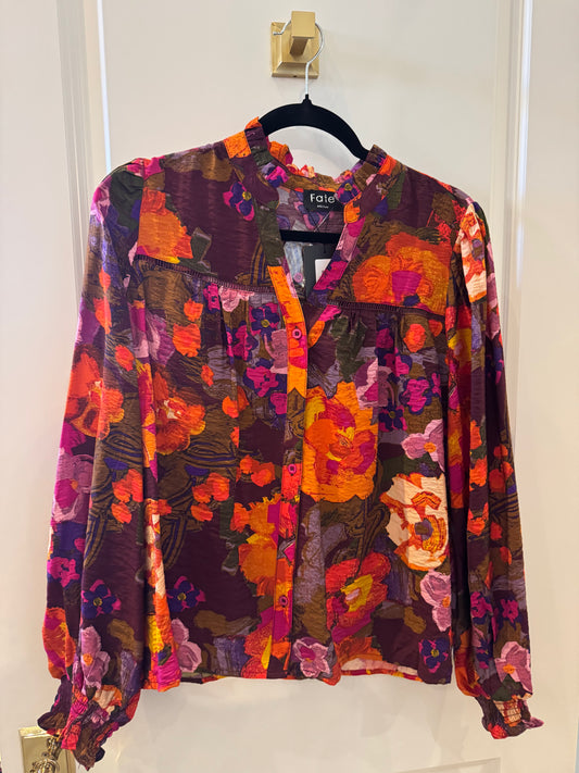 Button-Down Ruffled V-Neck Blouse