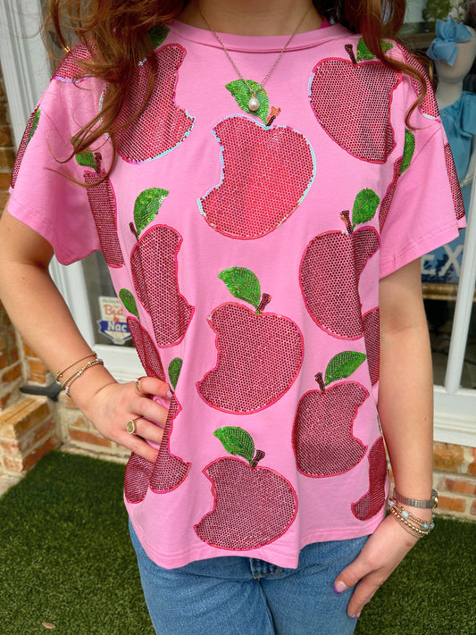 QUEEN OF SPARKLES Pink Scattered Apple Tee