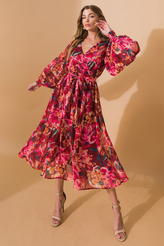 Printed Woven Midi Dress - Burgandy