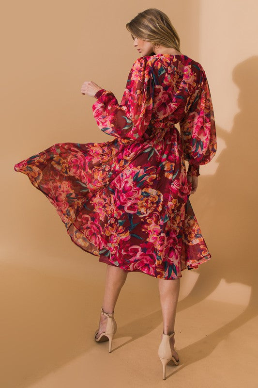 Printed Woven Midi Dress - Burgandy