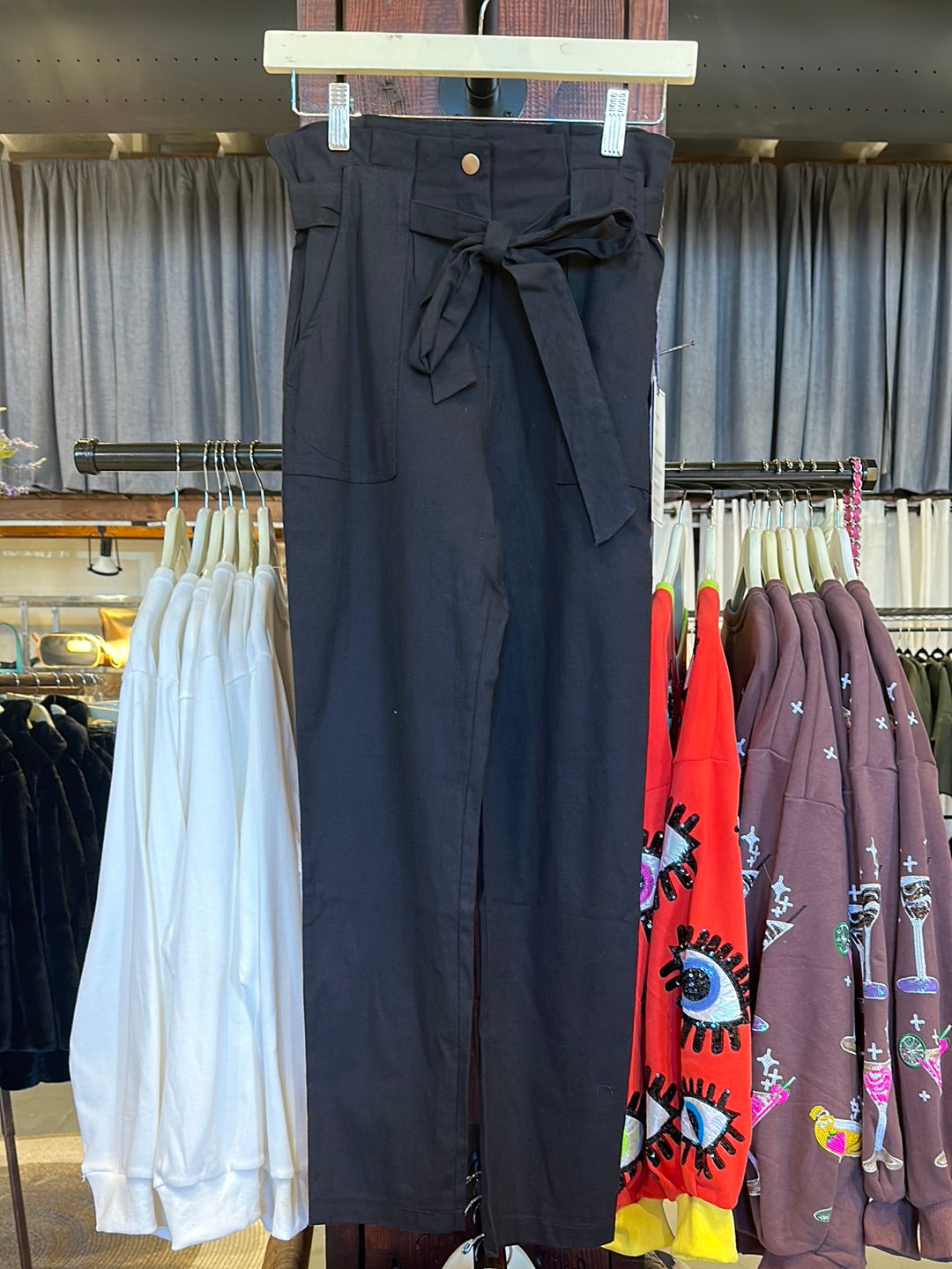 Paper Bag Waist Tie Pants - Black