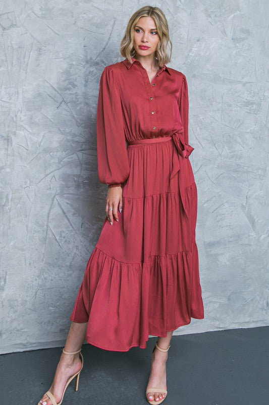 Shirt Collar Midi Dress - Dark Rose