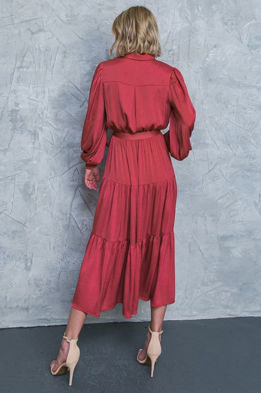 Shirt Collar Midi Dress - Dark Rose