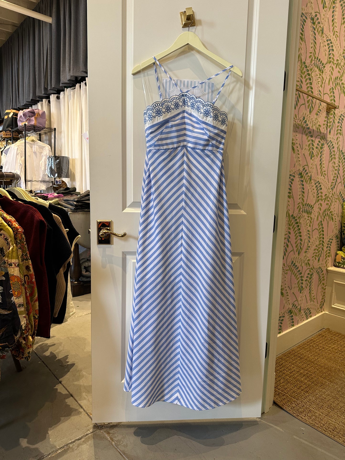 Blue and White Striped Maxi with V Strap Neckline