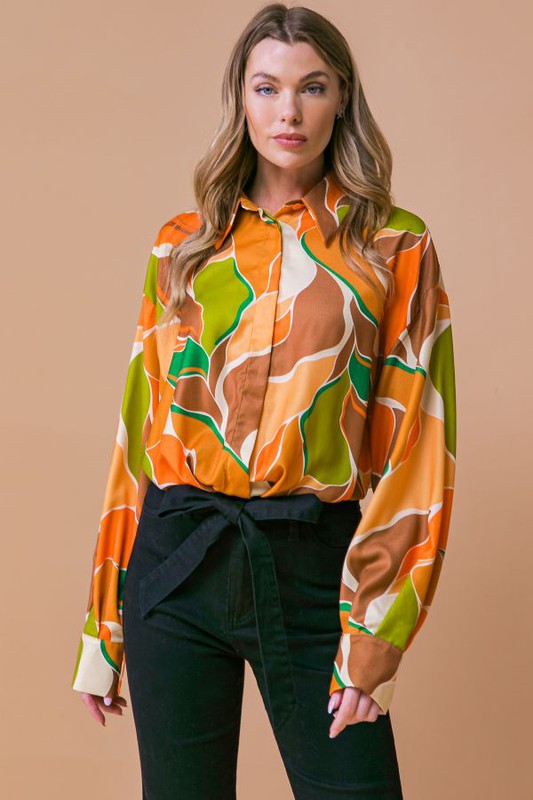 Printed Woven Button Down - Rust/Lime