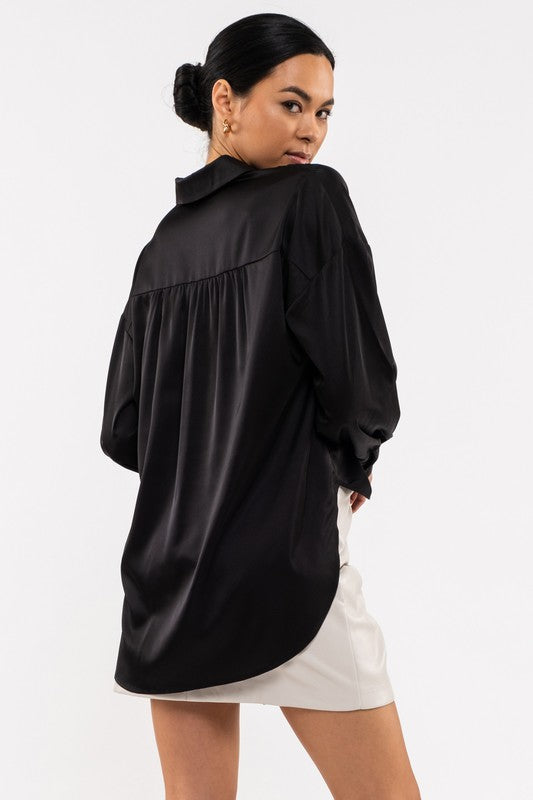 Satin Button Up Long Sleeve - Black