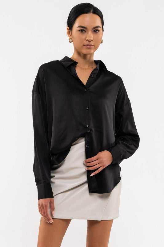Satin Button Up Long Sleeve - Black