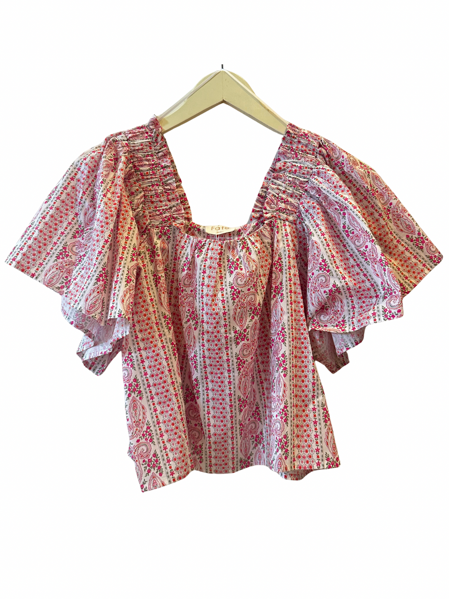 Printed Poplin Square Neck Top Pink Multi