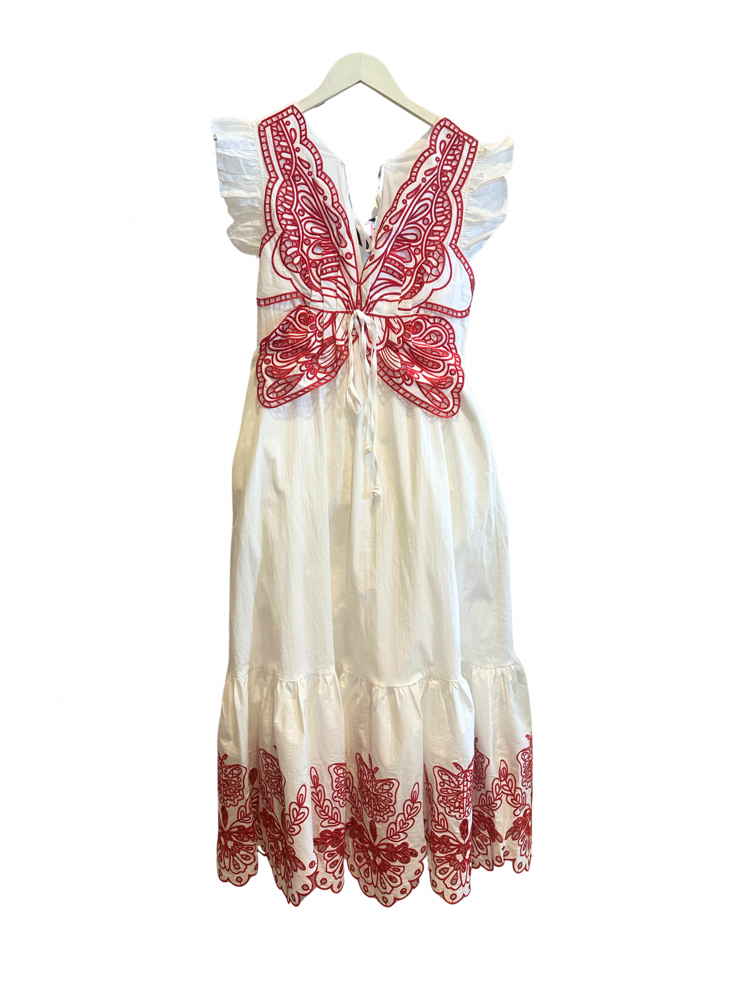 White Flutter Sleeve Maxi Dress with Red Butterfly Embroidery Detail