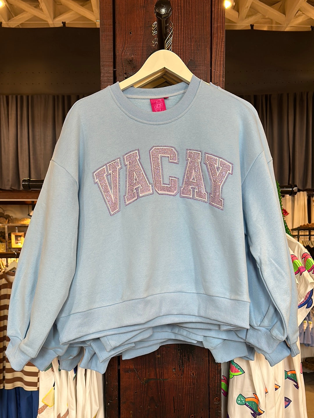 QUEEN OF SPARKLES Light Blue 'Vacay' Sweatshirt