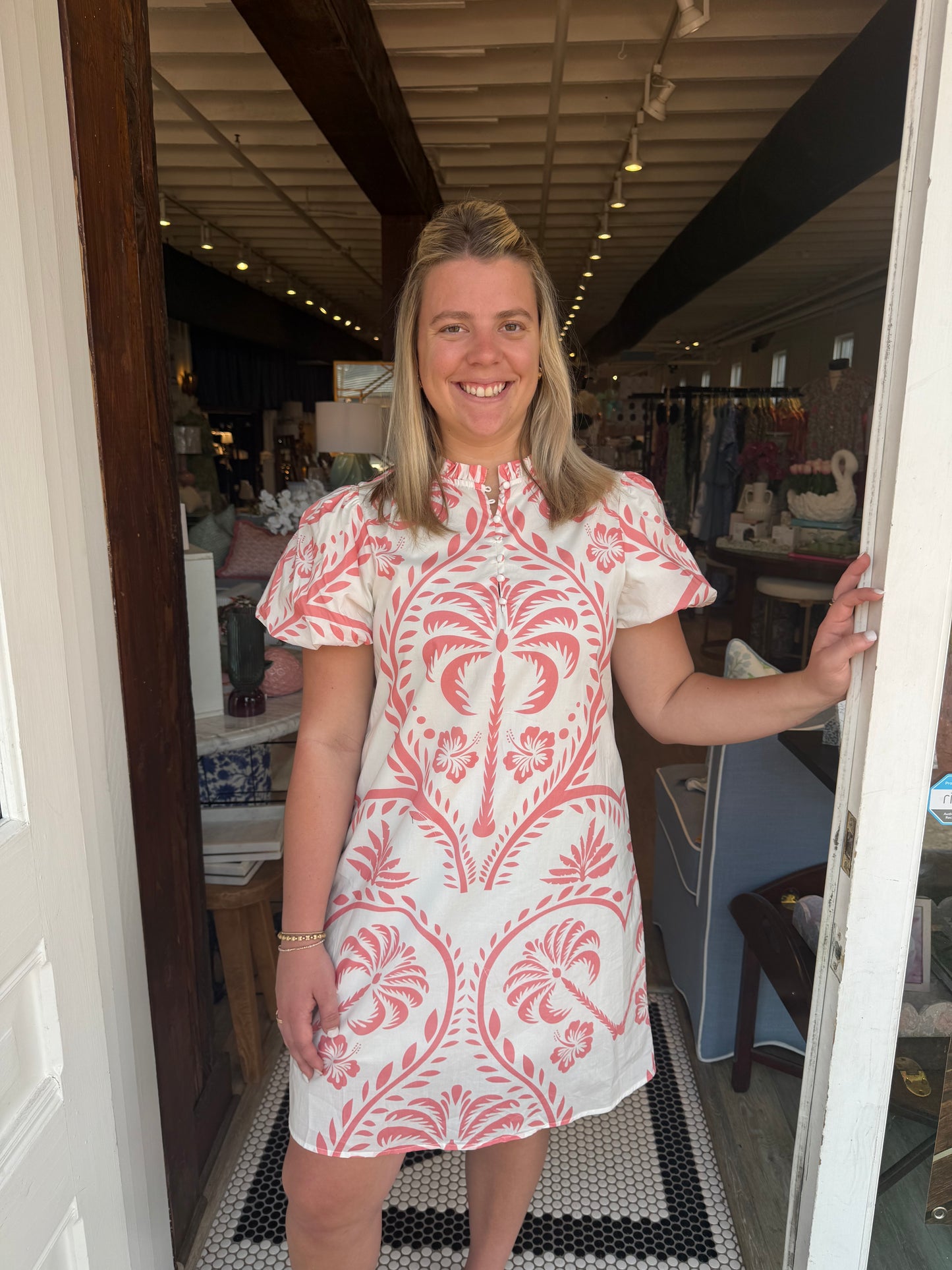 Palm and Hibiscus Half Button Dress