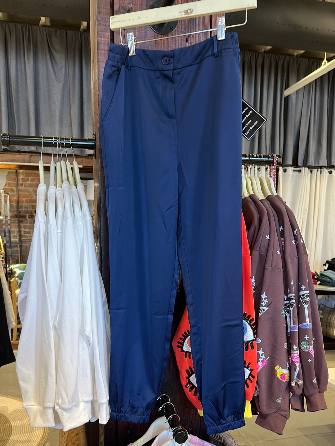 Satin High Rise Jogger Pants - Navy