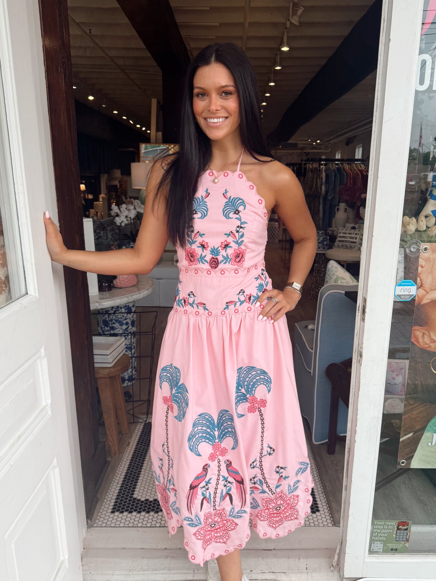 Scalloped Edge Pink Embroidery Halter Dress