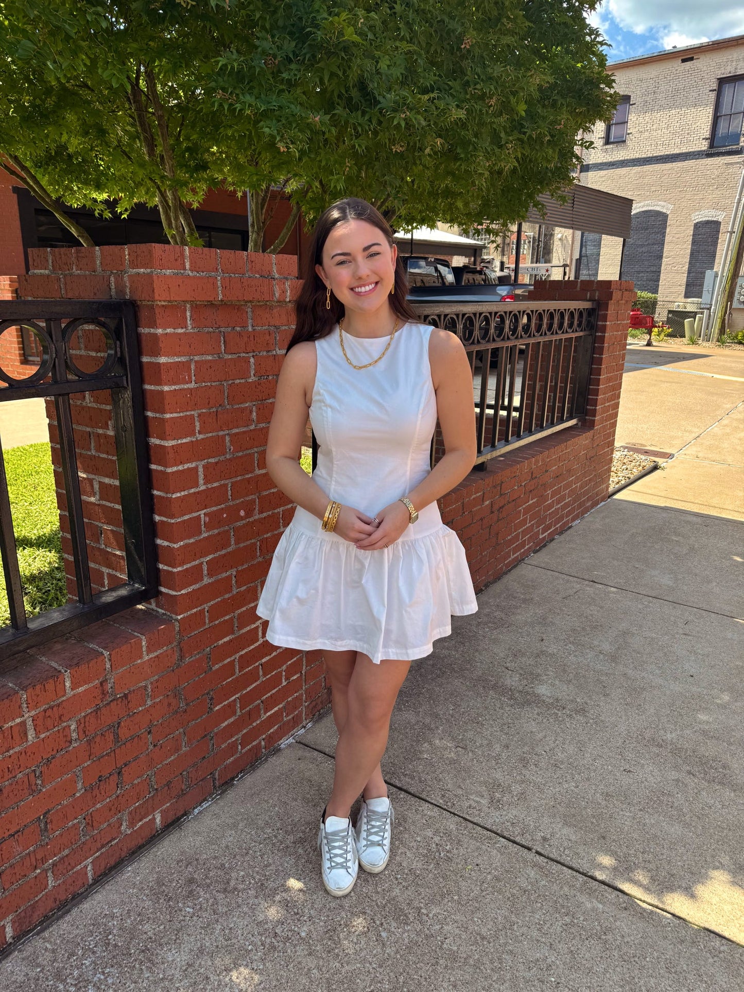 Fit and Flare Dropped Waist Sleeveless Dress- White