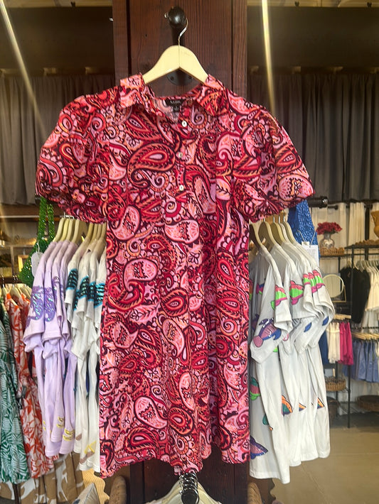 Multi Print Pattern Puff Sleeve Dress - Red/Pink