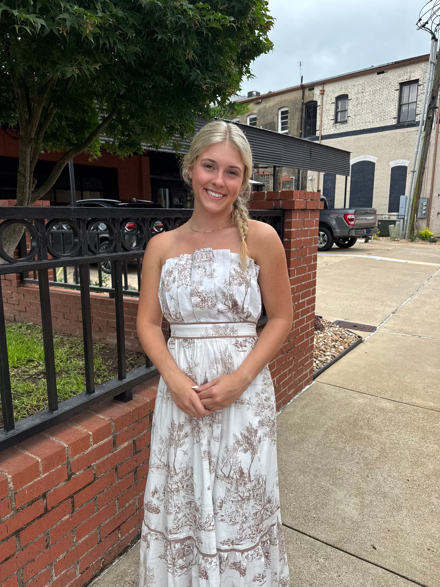 Toile Print Strapless Midi Dress - Latte