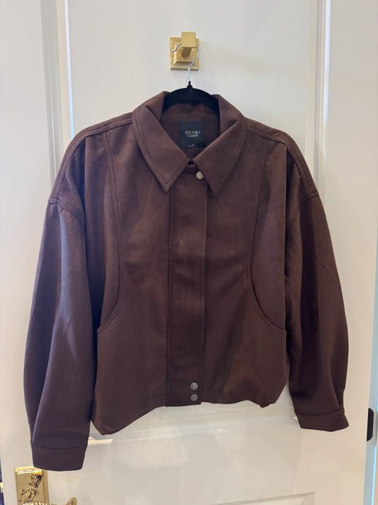 Suede Collared Zip-up, Chocolate Brown