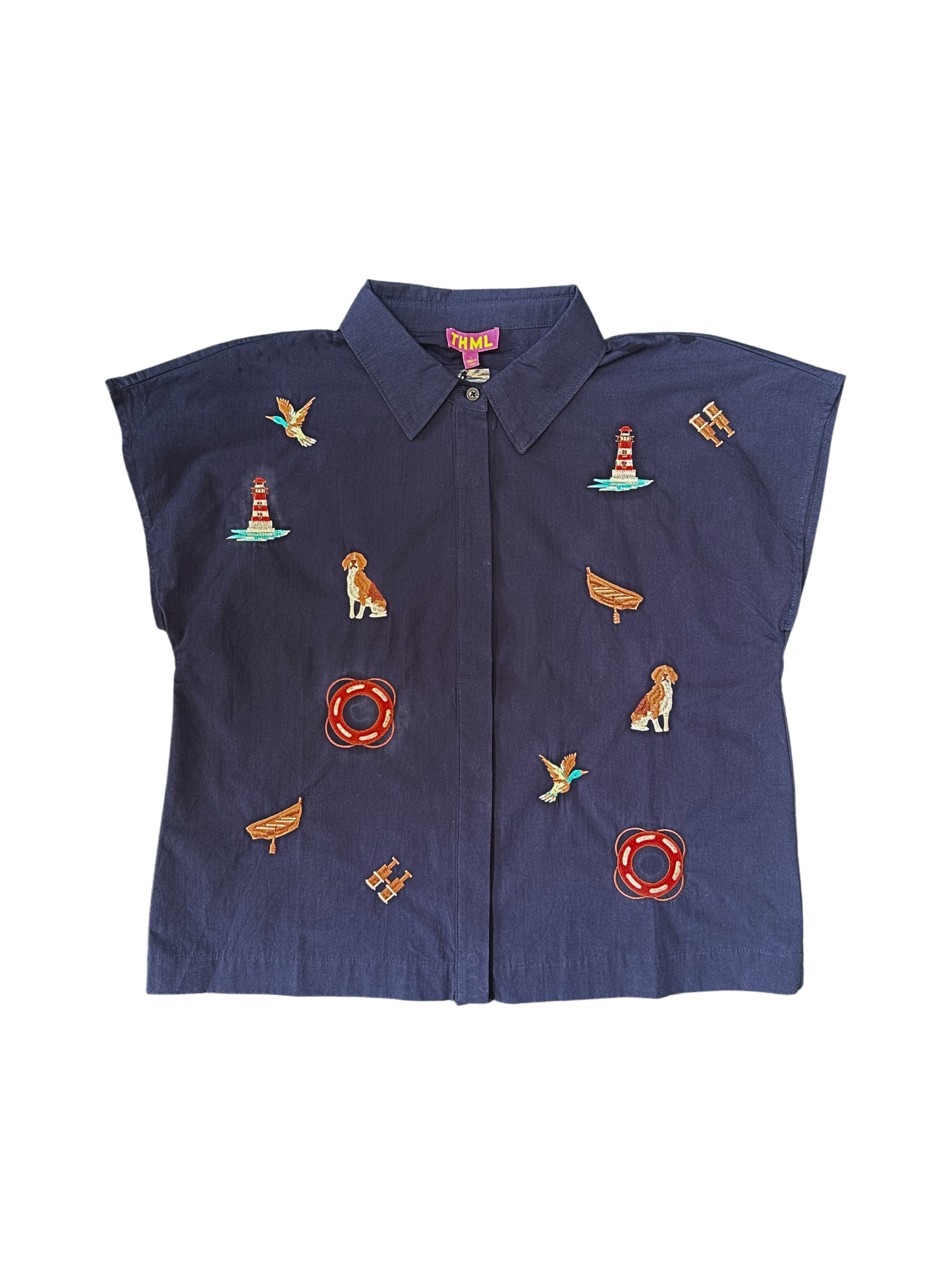 Navy Cap Sleeve Button Up Sailing Top