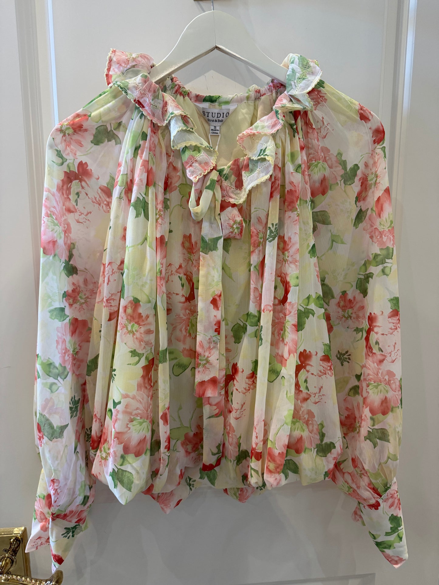 Yellow Floral Print Stitch Detail Top