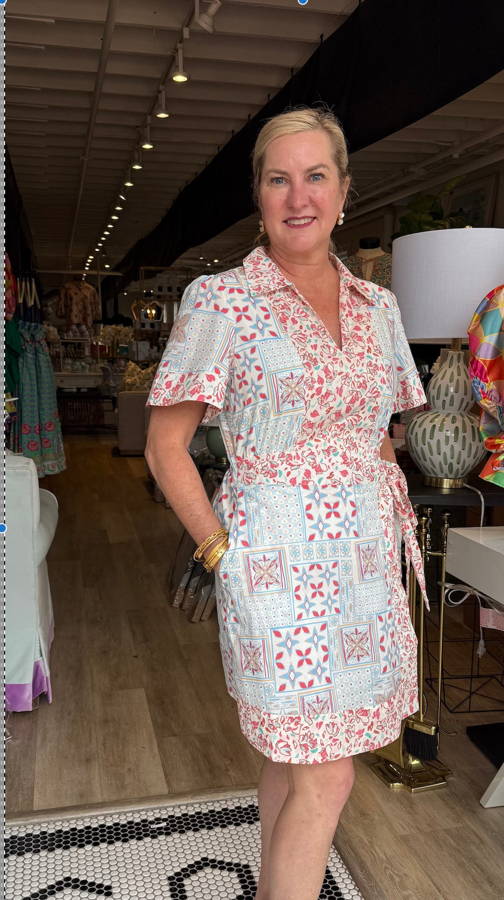 Short Wrap Dress - Blue Coral Red Multi