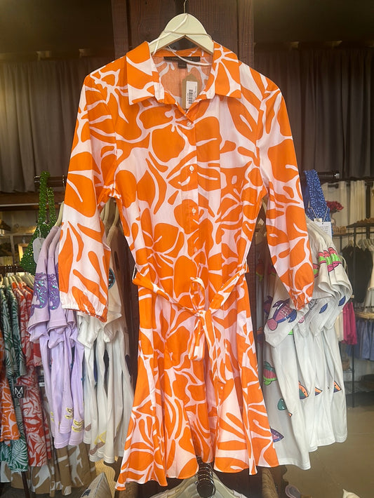 Floral Waist Tie Mini Dress - Orange
