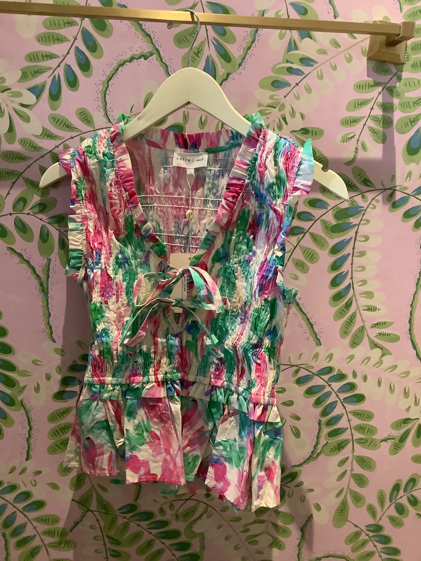 Floral Print Frill Finish Sleeveless Smocked Ruffle- Pink