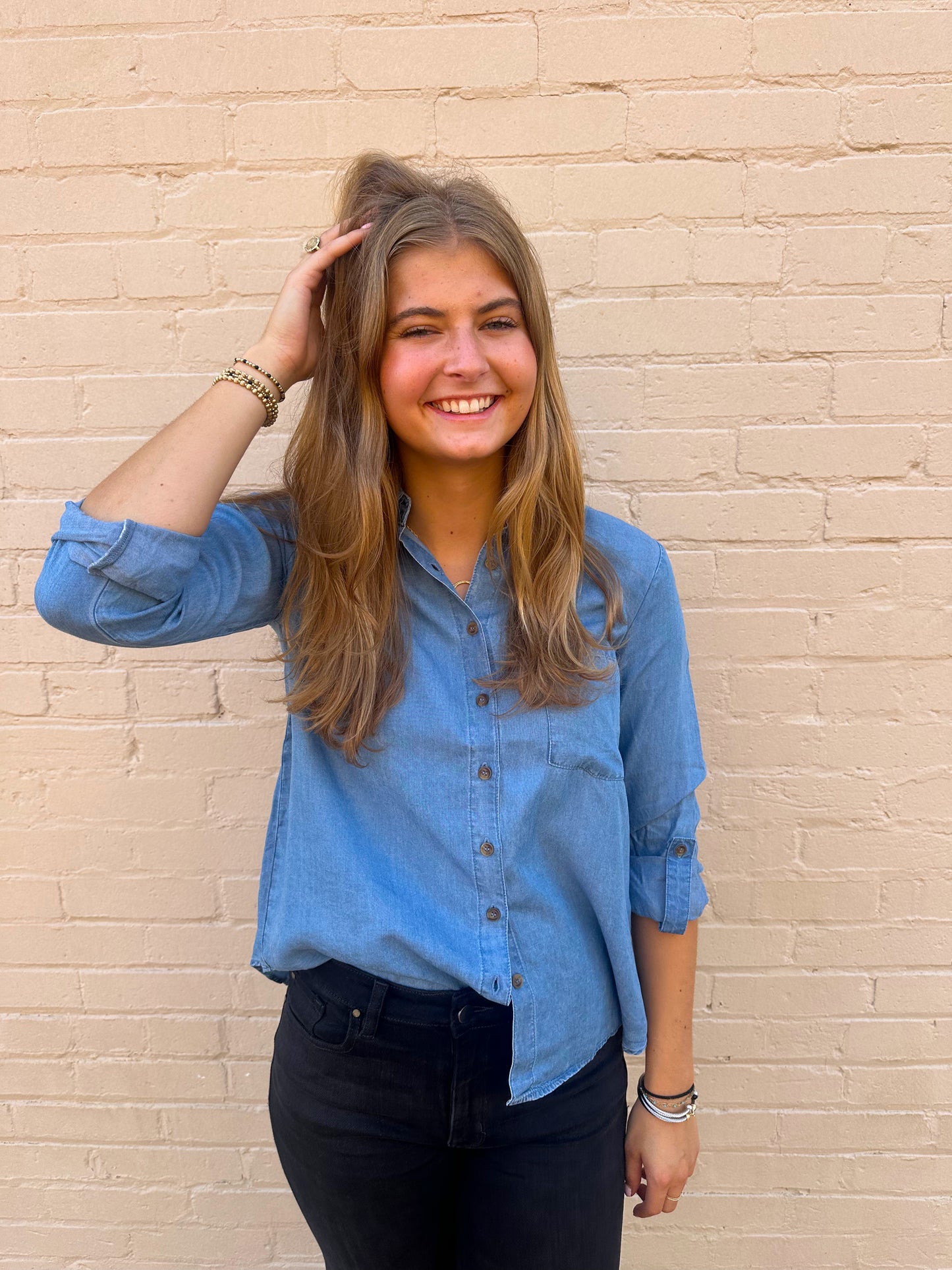 Tab Sleeve Collared Button Down Chambray Top