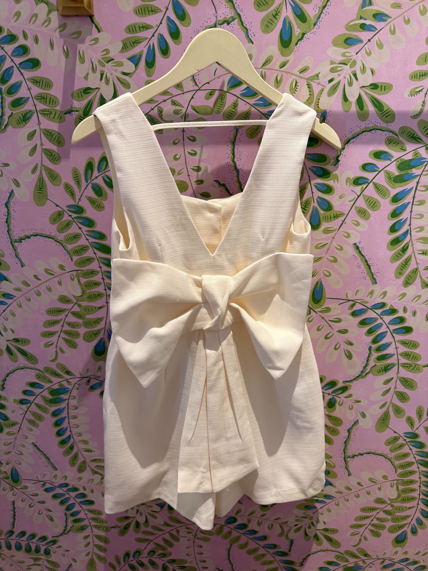 Square Neck Romper With Bow On Back-Off White