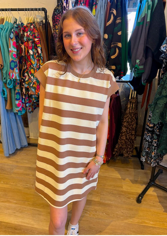 Sleeveless Striped Dress - Light Mocha