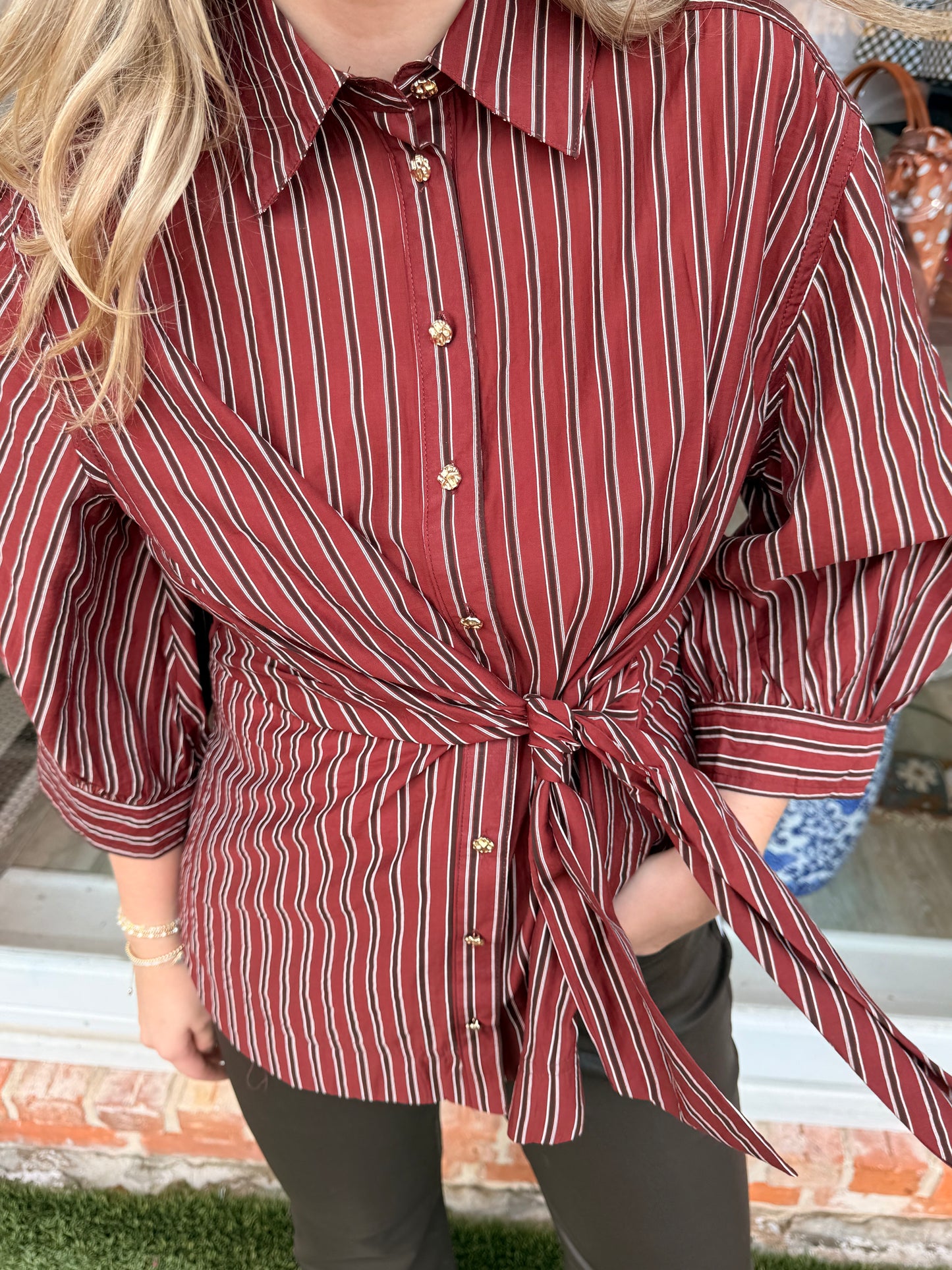 Bordeaux Stripe Tie-Front Blouse