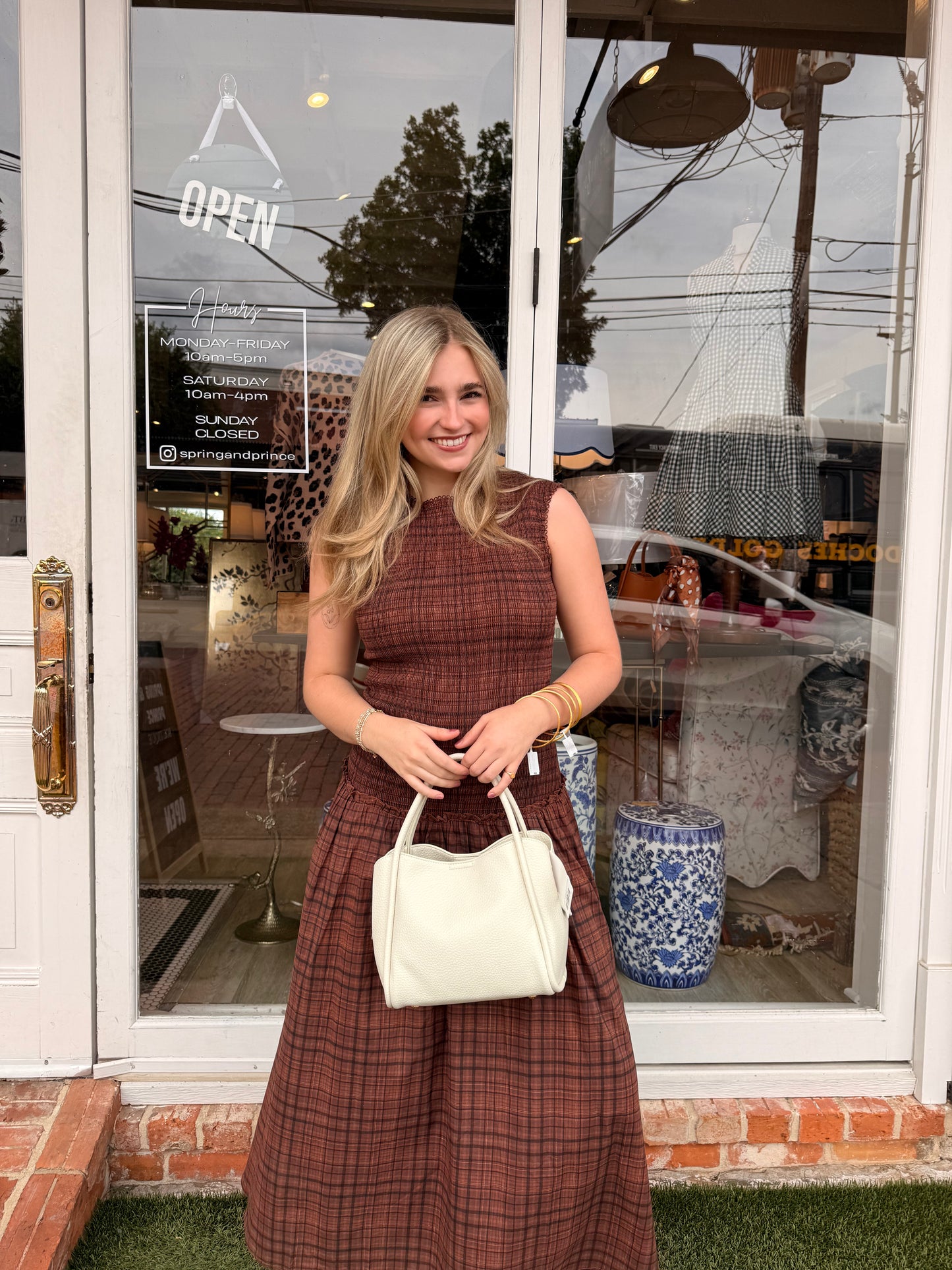 Smocked Top Plaid Midi Dress