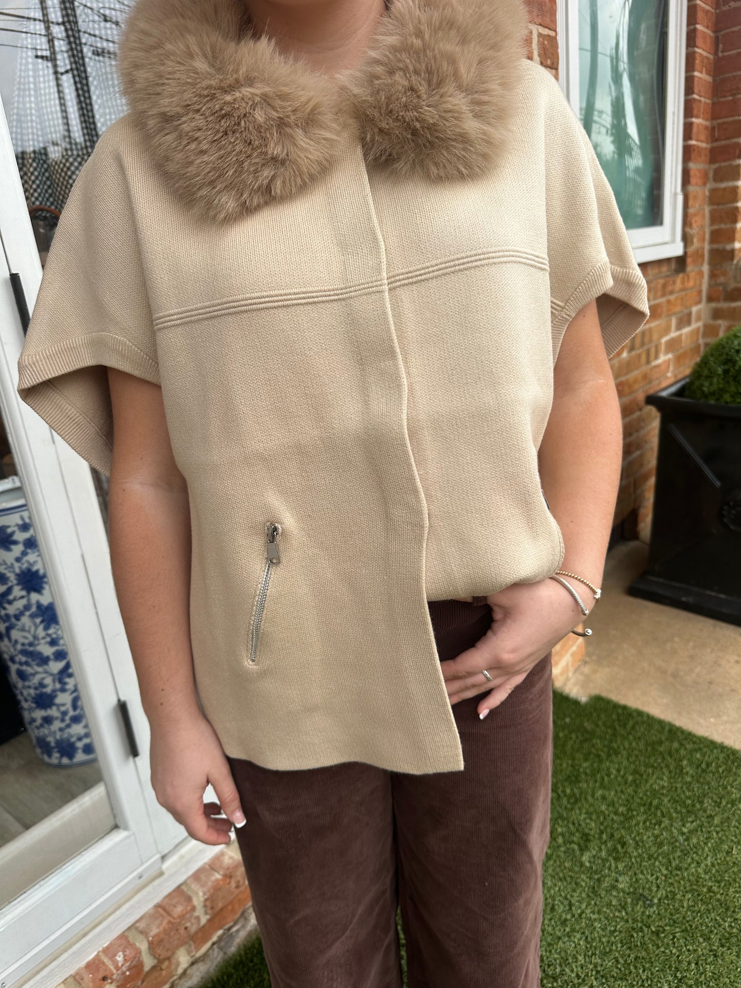 Faux Fur Trim Cardigan- Wheat