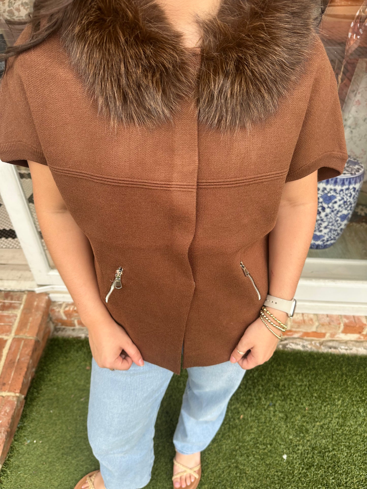 Faux Fur Trim Cardigan - Pecan