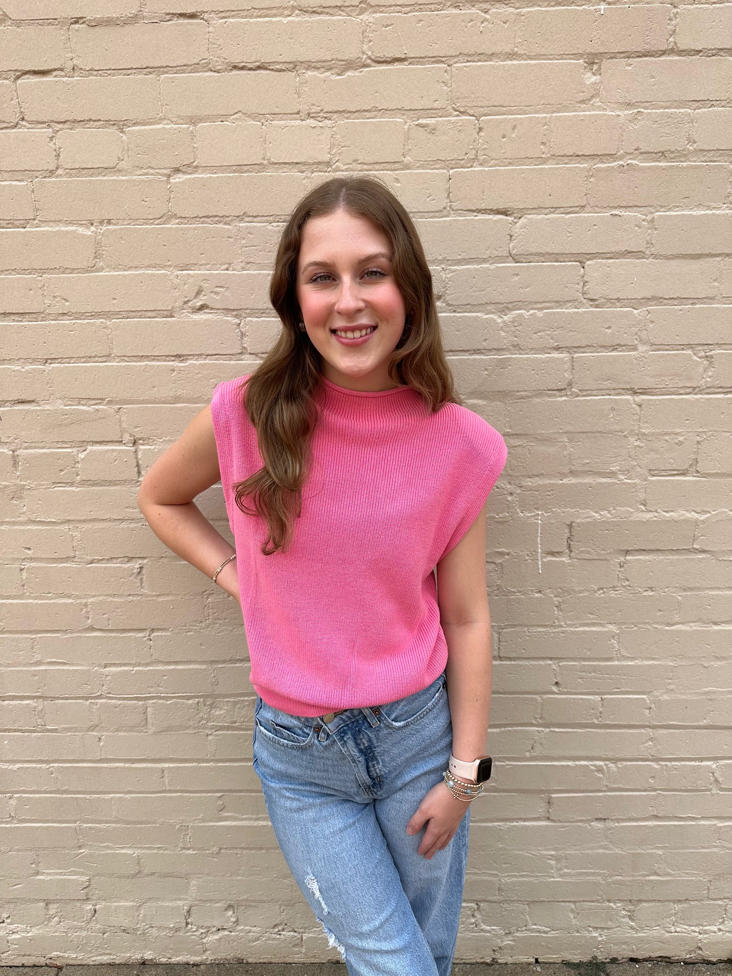 Mock Neck Power Shoulder Top Bubble - Pink