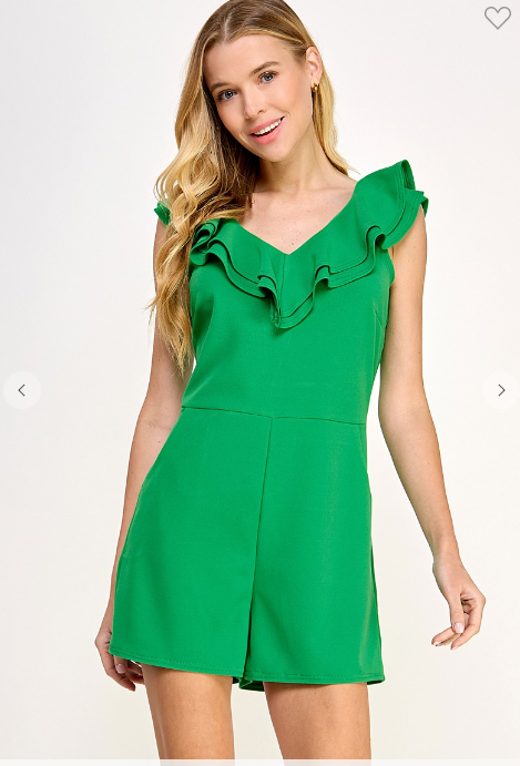 Solid Ruffle V-Neck Romper- Kelly Green