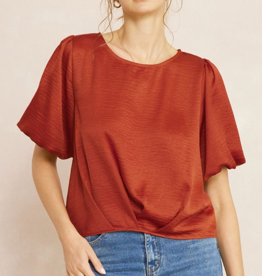 Solid Textured Satin Short Sleeve Top - Rust