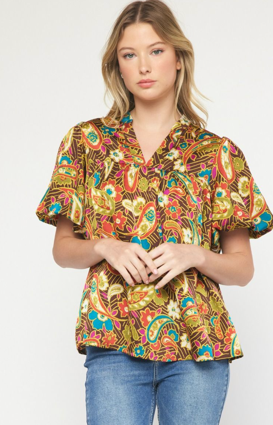 V-Neck Puff Sleeve - Brown