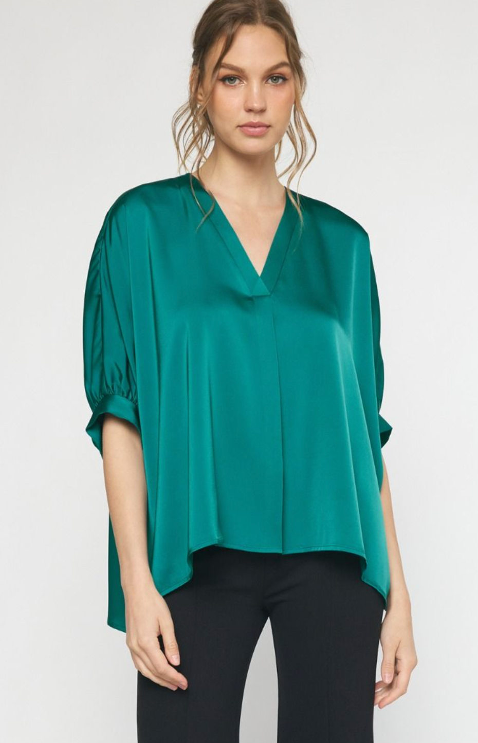 Satin V-Neck 1/2 Sleeve Top- Dark Green