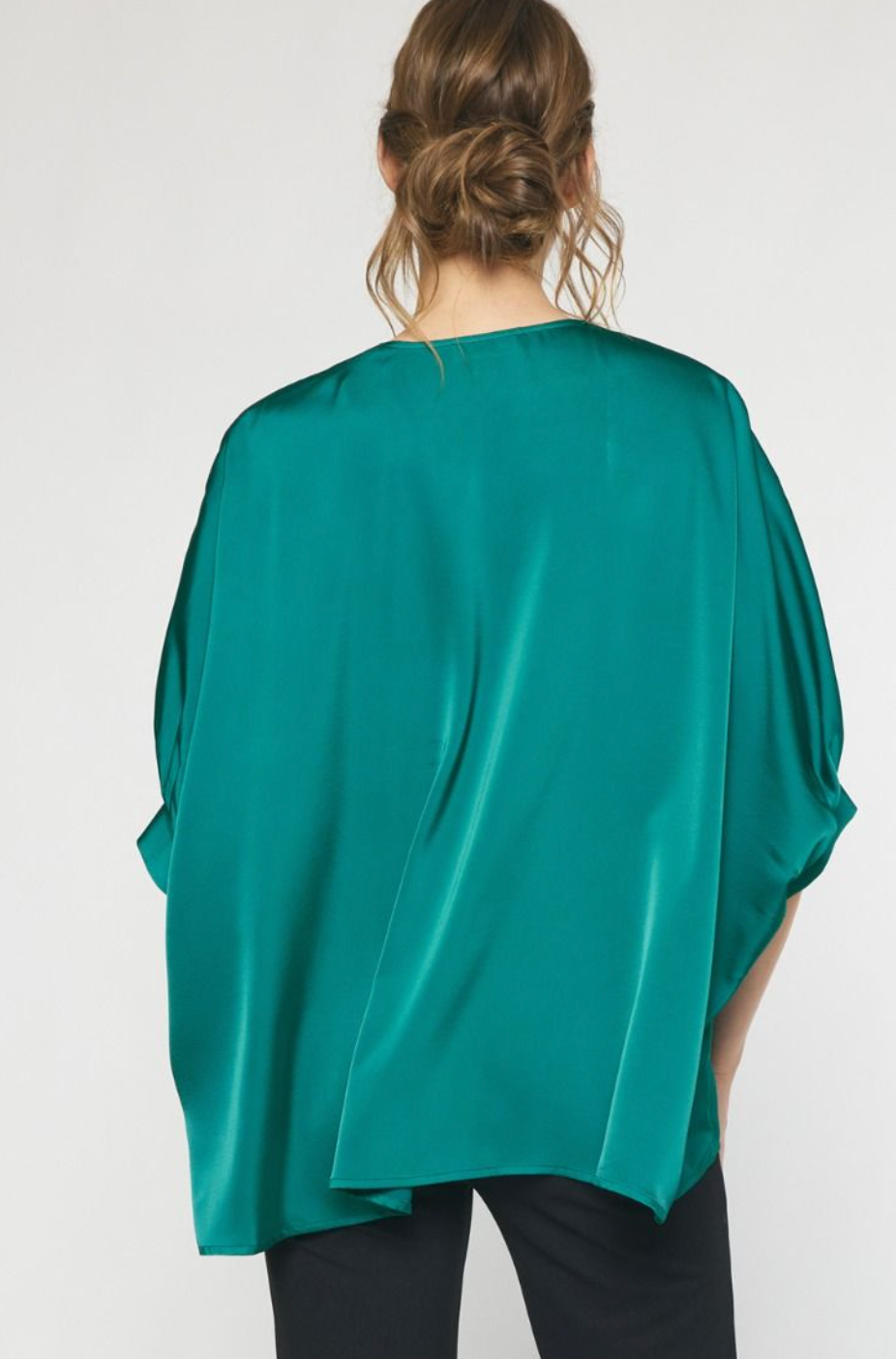 Satin V-Neck 1/2 Sleeve Top- Dark Green