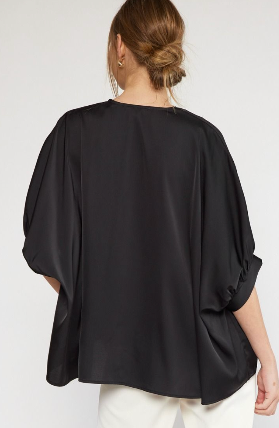 Satin V-Neck 1/2 Sleeve Top- Black