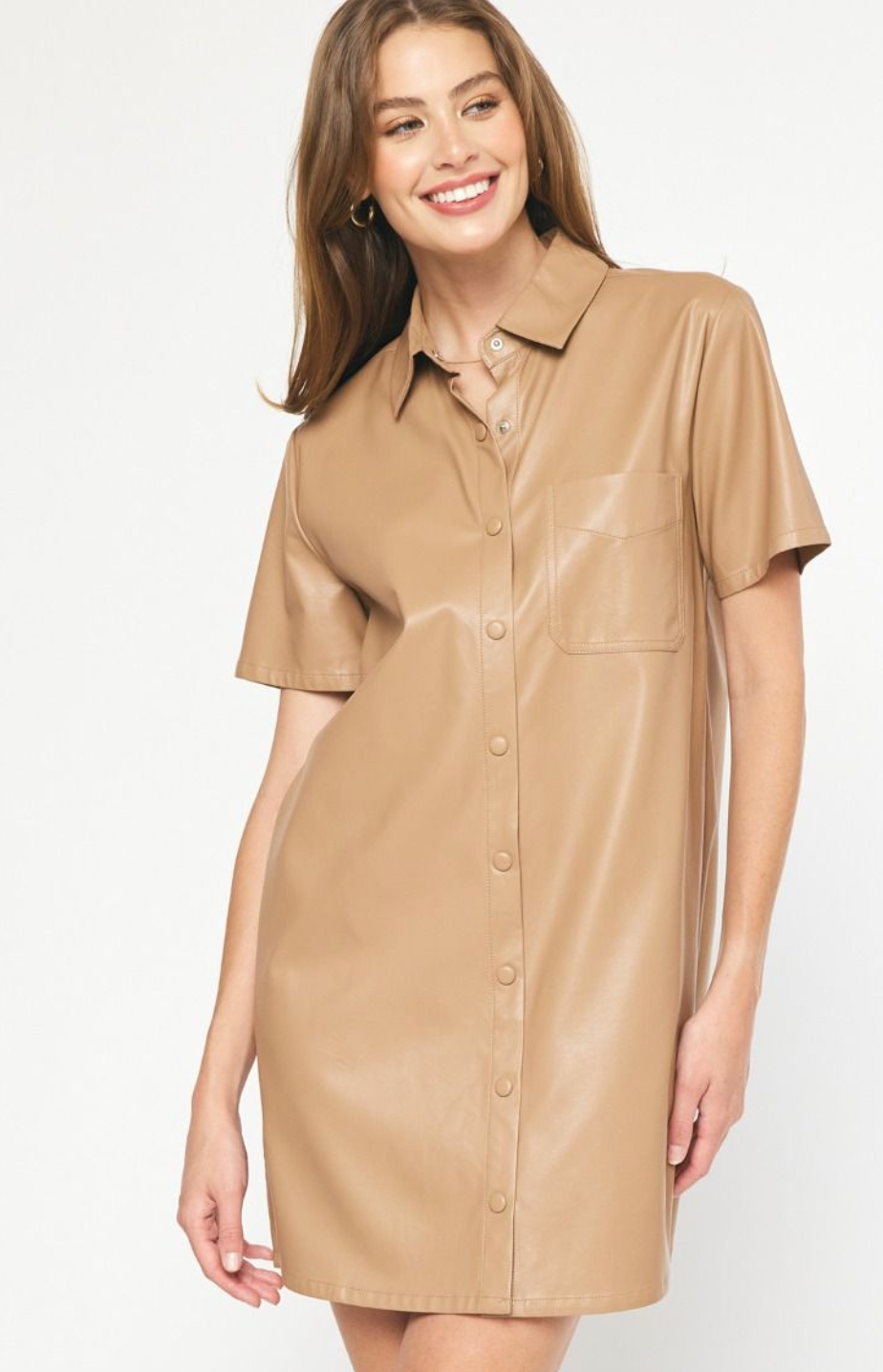 Faux Leather Collared Button up Mini Dress Spring and Prince