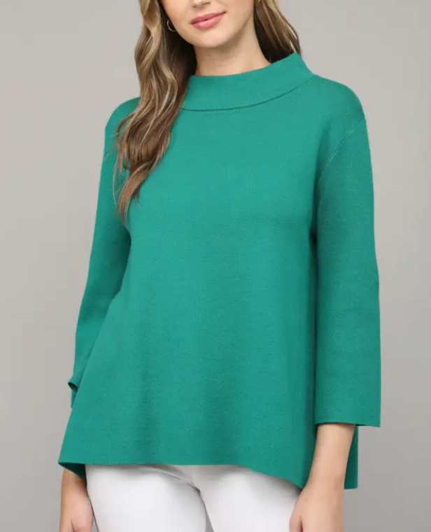 Mock Neck Pull Over Sweater/Bell Sleeve - Emerald Green