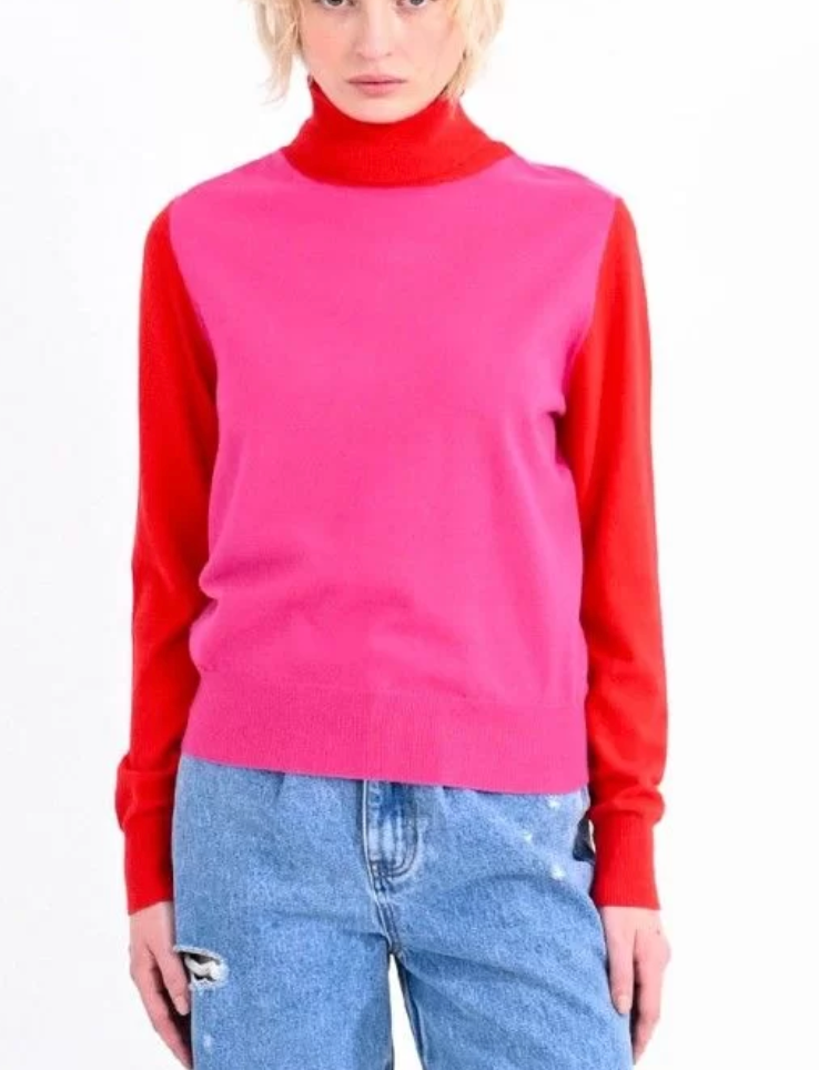 Color Block Turtleneck Jumper - Fushia