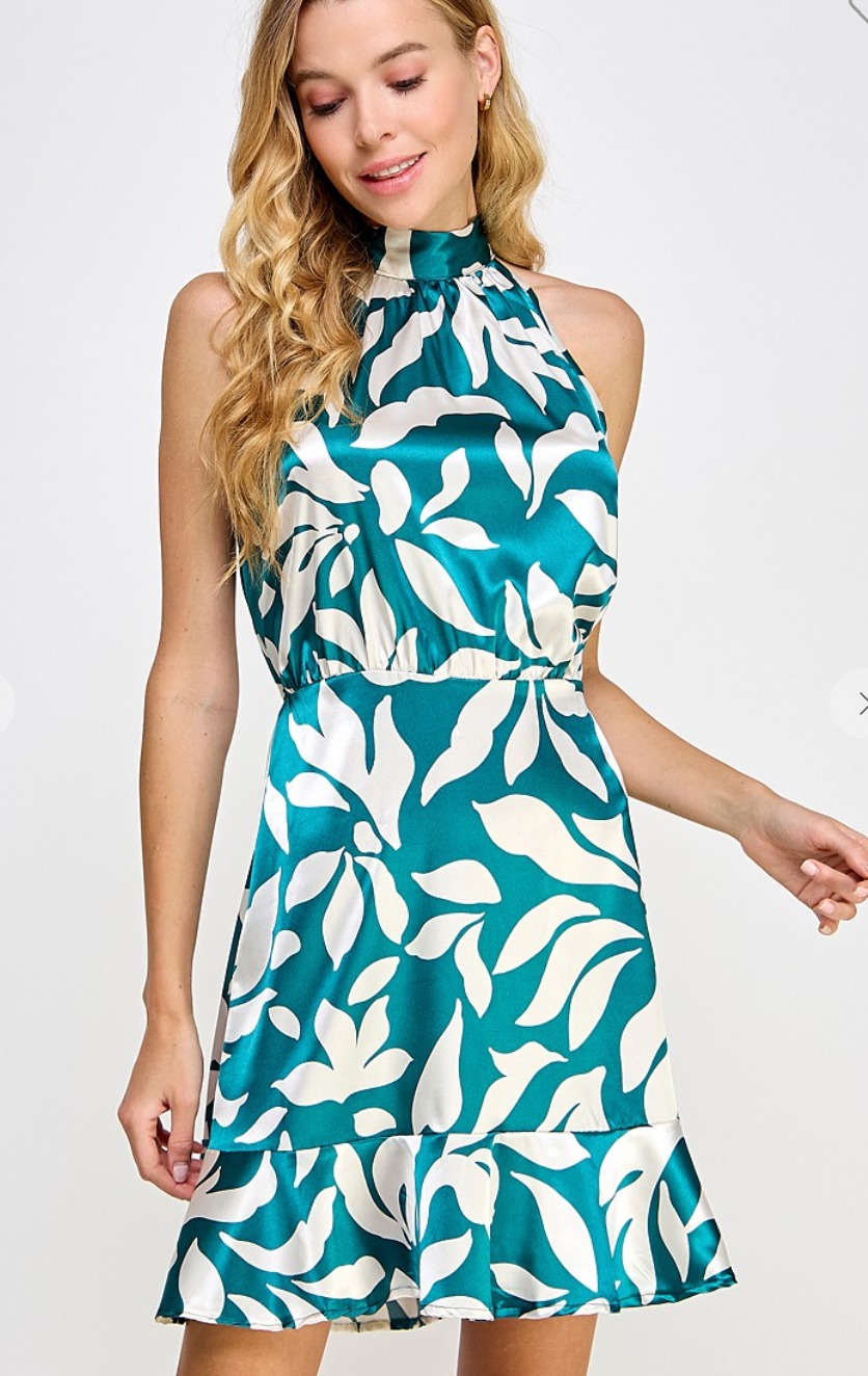 Satin Halter Dress - Teal