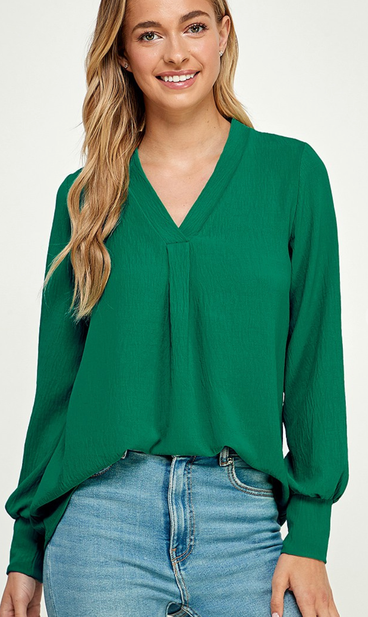 Solid V-Neck Blouse- Jade