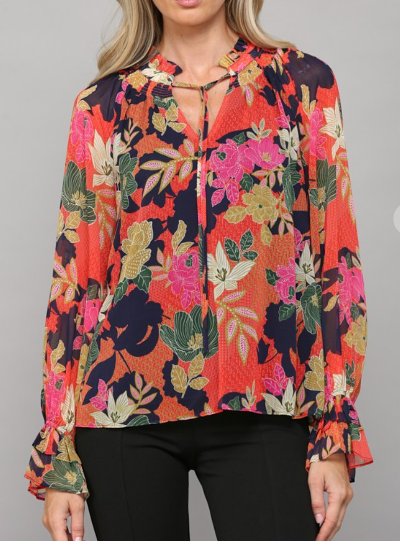 Floral Print Ruffle Neck Blouse - Navy Multi