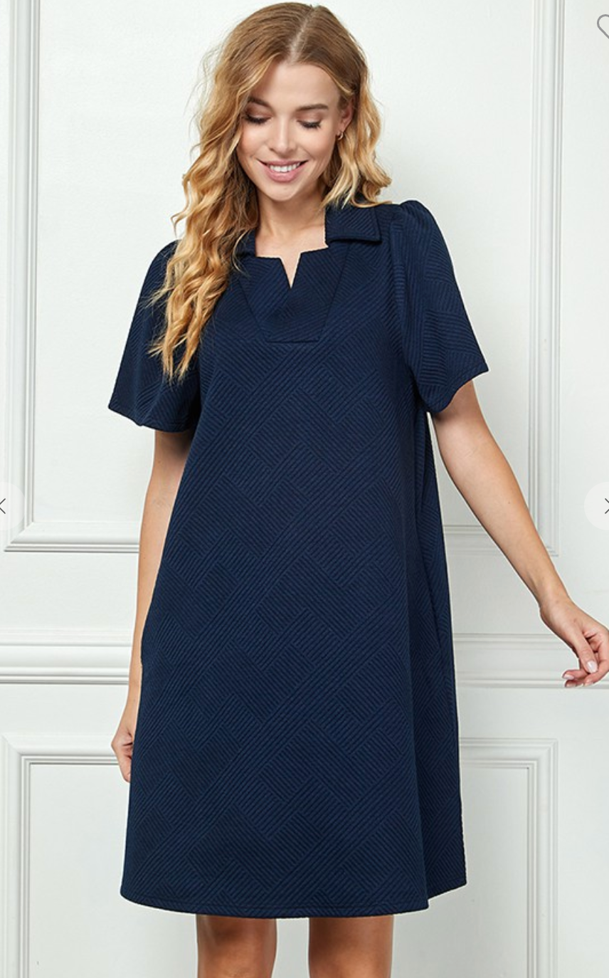 Collared Textured Dress- Navy