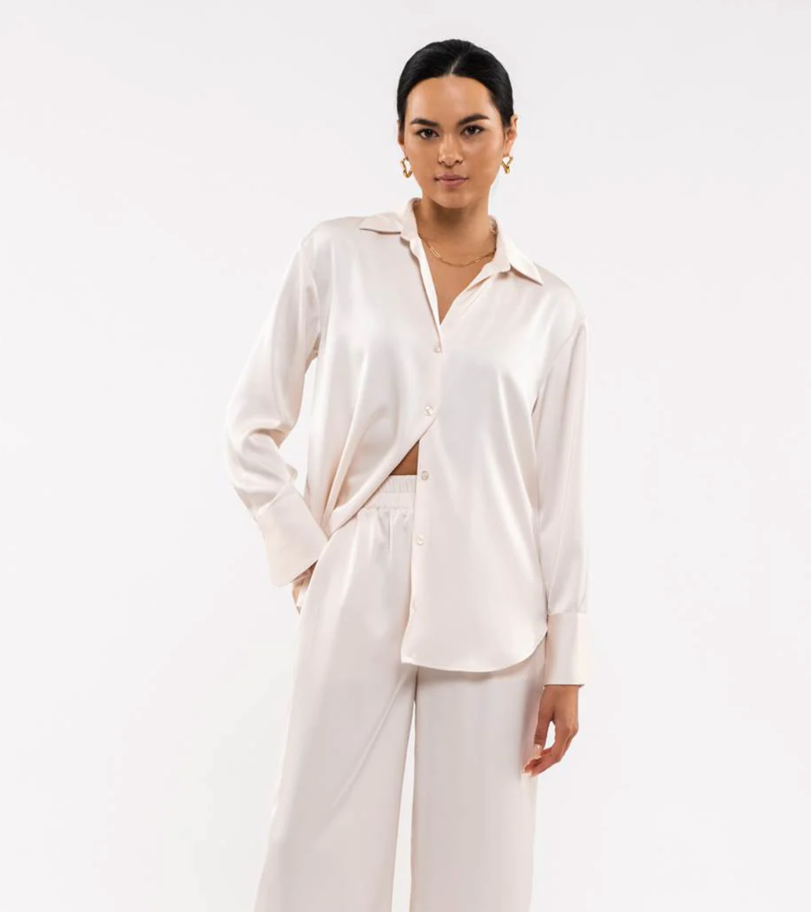 Solid Button Up Long Sleeve Top - Champagne