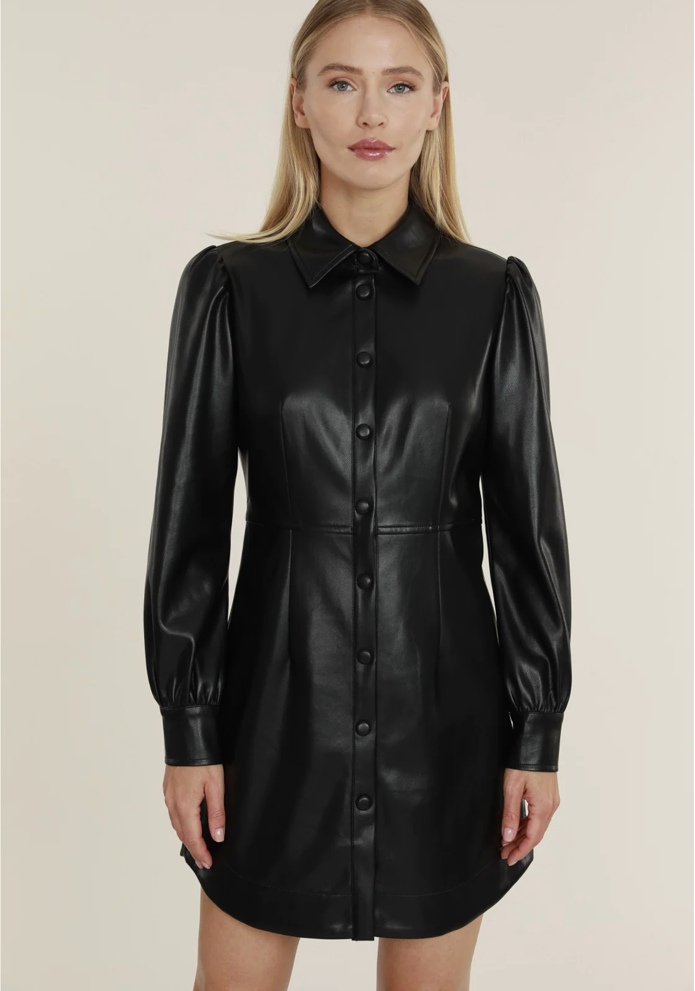 Faux Leather Shirt Dress- Black